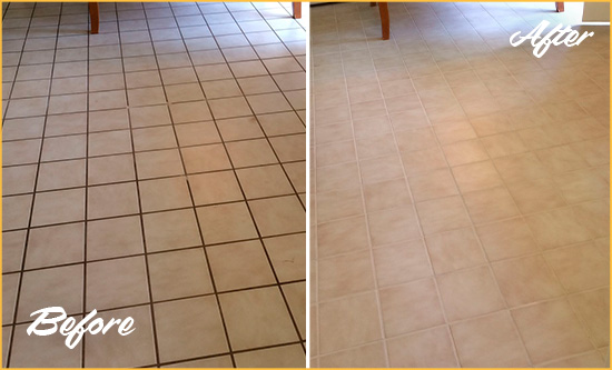 Before and After Picture of a Derwood Kitchen Tile and Grout Cleaned to Remove Embedded Dirt