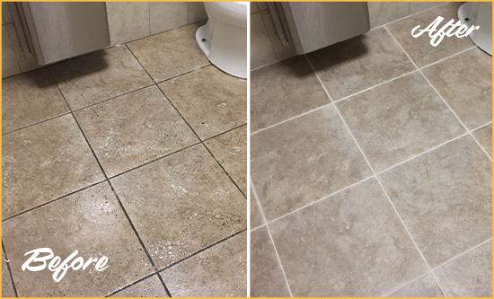 Before and After Picture of a Piney Branch Restroom Tile and Grout Cleaned to Remove Soil