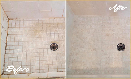 Before and After Picture of a Round Hill Shower Caulked to Fix Cracks