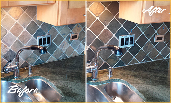 Before and After Picture of a Gaithersburg Backsplash Caulked to Fix and Prevent Water Leaks