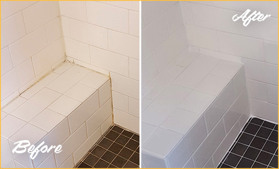 Before and After Picture of a Oakton Shower Seat Caulked to Protect Against Mold and Mildew Growth