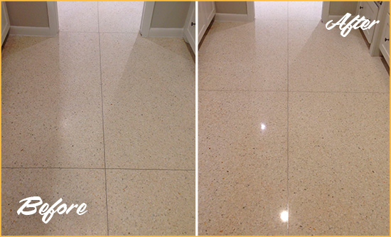 Before and After Picture of a Dumfries Granite Stone Floor Polished to Repair Dullness