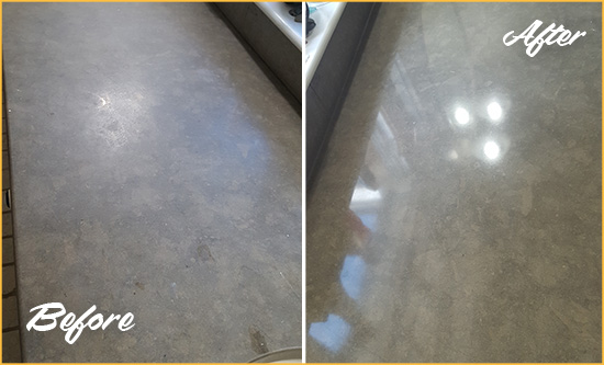 Before and After Picture of a Dull Cheltenham Limestone Countertop Polished to Recover Its Color