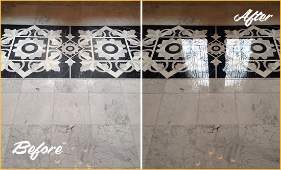 Before and After Picture of a Fort Washington Marble Stone Floor Polished to a Mirror Shine