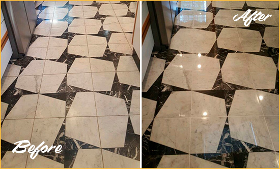 Before and After Picture of a Dull Beallsville Marble Stone Floor Polished To Recover Its Luster