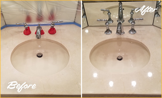Before and After Picture of a Dull Mount Rainier Marble Stone Vanity Top Polished to Bring-Back Its Sheen