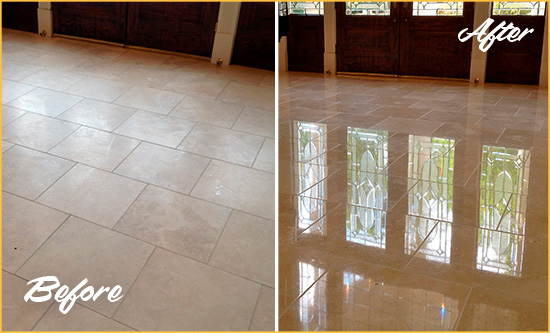 Before and After Picture of a Dull Embassy Row Travertine Stone Floor Polished to Recover Its Gloss