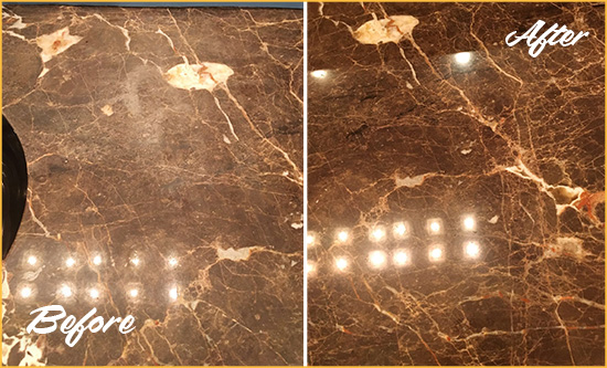 Before and After Picture of a Emergy Marble Stone Countertop Polished to Eliminate Stains