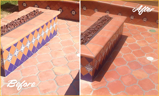 Before and After Picture of a Dull Foggy Bottom Terracotta Patio Floor Sealed For UV Protection