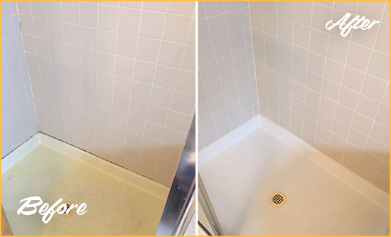Before and After Picture of a Barnesville Shower Sealed to Remove and Protect Against Mold