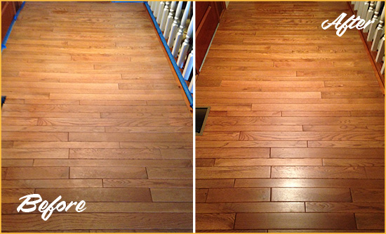 Before and After Picture of a Silver Spring Wood Sand Free Refinishing Service on a Dull Hallway