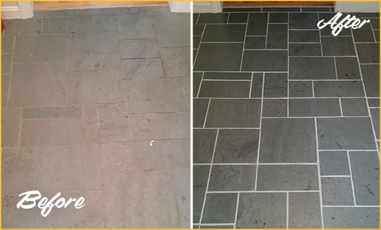 Before and After Picture of a Crestwood Slate Floor Cleaned to Remove Deep-Seated Dirt