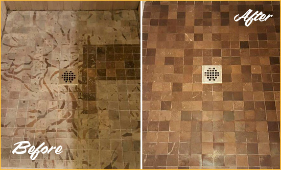 Before and After Picture of a Stained Annandale Marble Shower Floor Cleaned to Remove Etching