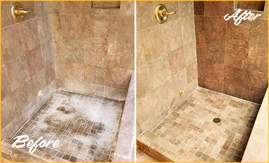 Before and After Picture of a Brookland Travertine Shower Cleaned to Eliminate Water Spots