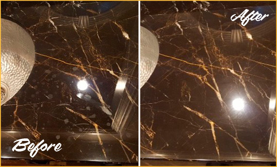Before and After Picture of a Damascus Marble Countertop Cleaned to Remove Water Spots