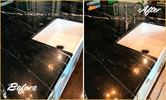 Before and After Picture of a Tenleytown Marble Kitchen Countertop Stone Sealed to Avoid Water Damage