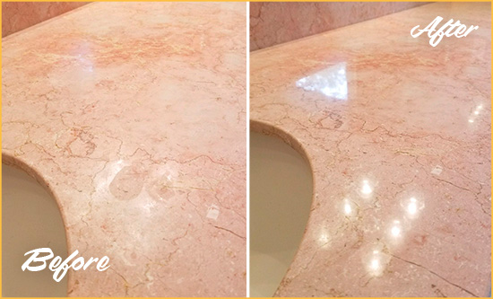 Before and After Picture of a Ashton Marble Stone Vanity Top Sealed to Avoid Water Marks