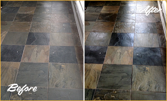 Before and After Picture of a Lanham Slate Stone Floor Sealed to Eliminate Dullness