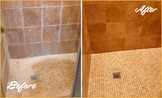 Before and After Picture of a Round Hill Travertine Shower Honed to Remove Mineral Deposits