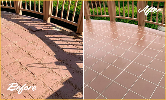 Before and After Picture of a Centreville Hard Surface Restoration Service on a Tiled Deck