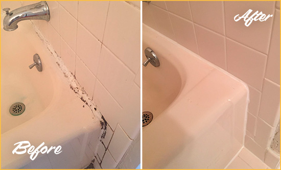 Before and After Picture of a Gaithersburg Hard Surface Restoration Service on a Tile Shower to Repair Damaged Caulking