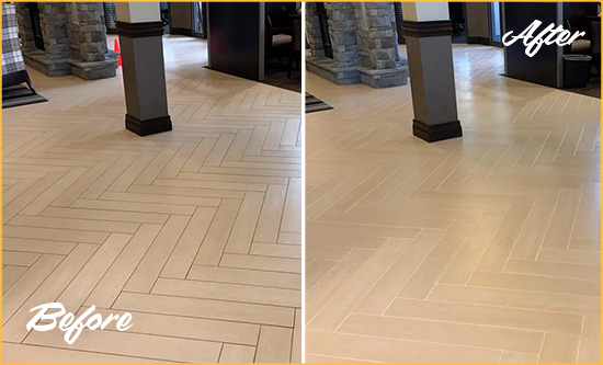 Before and After Picture of a Fort Myer Hard Surface Restoration Service on an Office Lobby Tile Floor to Remove Embedded Dirt