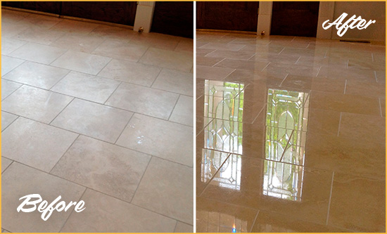 Before and After Picture of a Lorton Hard Surface Restoration Service on a Dull Travertine Floor Polished to Recover Its Splendor