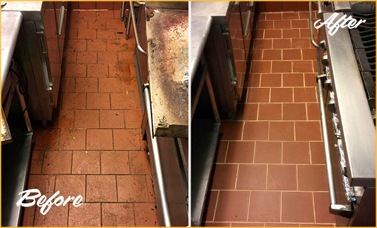Before and After Picture of a Clinton Hard Surface Restoration Service on a Restaurant Kitchen Floor to Eliminate Soil and Grease Build-Up