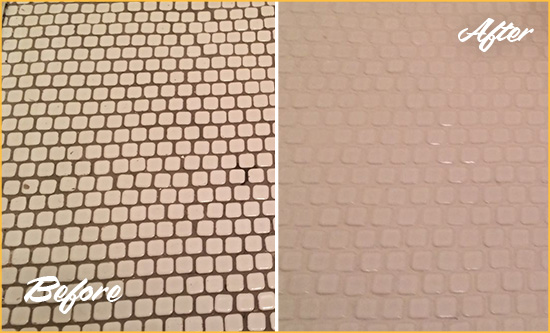 Before and After Picture of a Falls Church Hard Surface Restoration Service on a Bathroom Tile Floor Recolored to Fix Grout Color