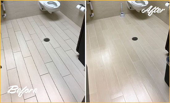 Before and After Picture of a Riverdale Office Restroom's Grout Cleaned to Remove Dirt