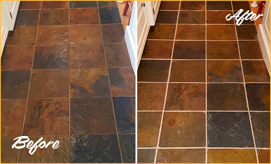 Before and After Picture of Burtonsville Slate Floor Grout Cleaned to Remove Dirt