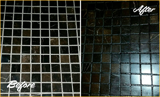 Before and After Picture of a Beallsville Black Floor with Recolored Grout