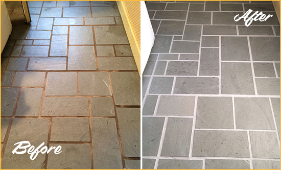 Before and After Picture of Damaged Centreville Slate Floor with Sealed Grout
