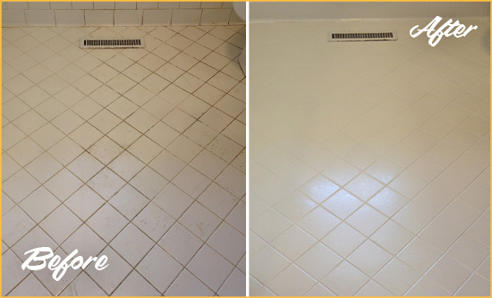 Before and After Picture of a Highland White Bathroom Floor Grout Sealed for Extra Protection