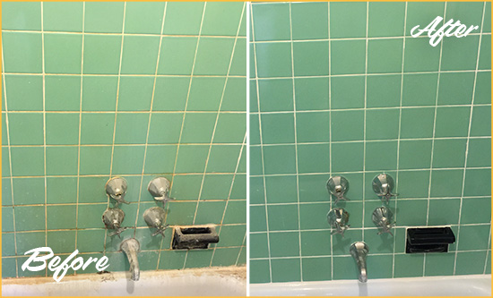 Before and After Picture of a Woodbridge Bath Tub Grout Sealed to Avoid Water Damage