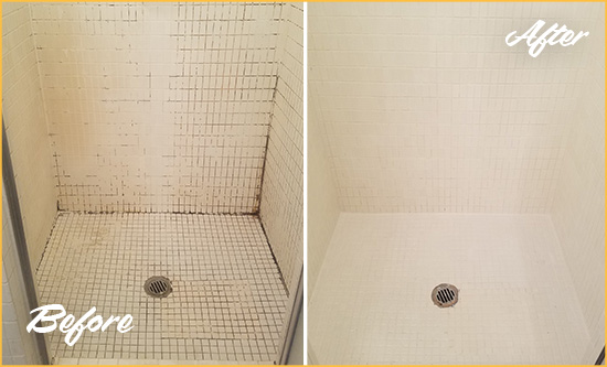 Before and After Picture of a Bluemont Bathroom Grout Sealed to Remove Mold