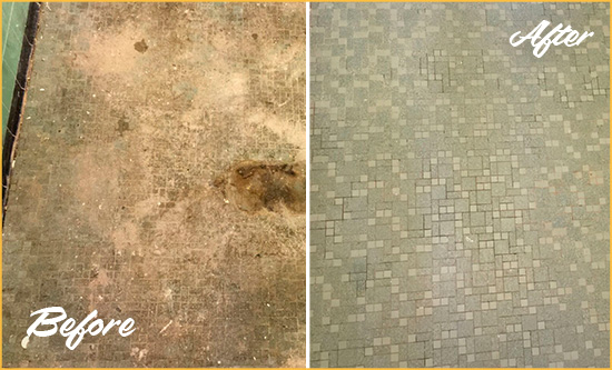 Before and After Picture of a Montgomery Village Mosaic Shower Cleaned to Eliminate Embedded Dirt