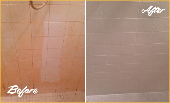 Before and After Picture of a Potomac Porcelaine Shower Cleaned to Remove Soap Scum