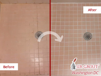 Image of a Shower Floor Before and After Our Caulking Services in Alexandria, VA