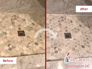 Before and After Image of a Shower After a Grout Sealing in Great Falls, VA