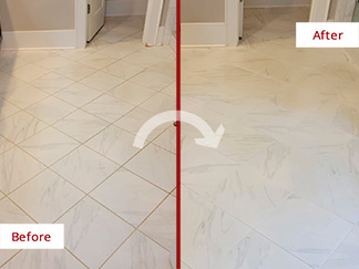 Bathroom Floor Before and After a Grout Recoloring in Alexandria