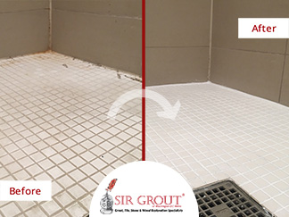 Before and After Picture of a Shower Grout Cleaning in Potomac, MD