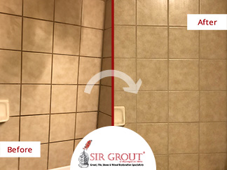 Before and After Picture of a Shower Grout Cleaning in Tenleytown, DC