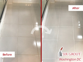 Before and after Picture of a Successful Grout Cleaning Job Done in Potomac, MD, That Brought Back to Life This Old Bathroom