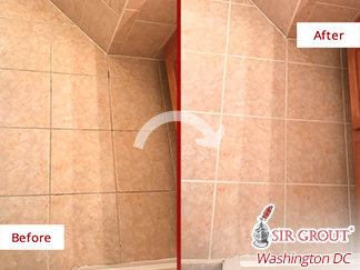 Before and after Picture of This Bathroom Fully Protected after a Grout Sealing Job in Arlington, VA