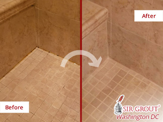 Before and after Picture of This Shower after a Caulking Job in Potomac, MD