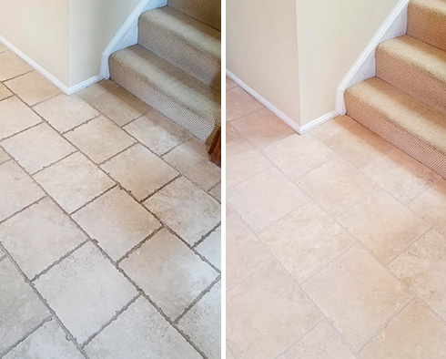 Picture of a Foyer's Before and After a Grout Cleaning Job in Reston, VA