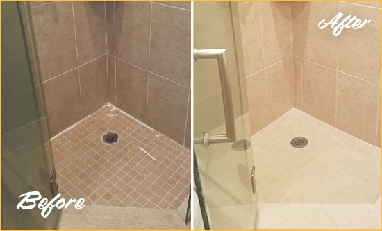 Before and After Picture of a Bathroom Caulking on a Porcelain Tile Shower