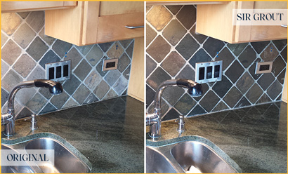 Before and After Picture of a Caulking and Grout Cleaning Service on a Kitchen's Backsplash