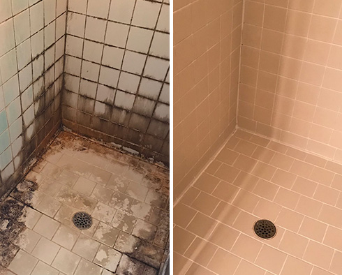 Before and After Picture of Severe Water Damage Repair on a Tile Shower